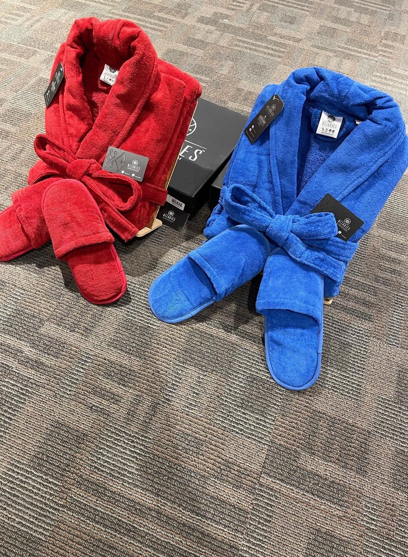 Couple Luxury Bathrobe Set Red & Blue 2 Velour Bathrobe, 2 Velour Slippers - Unisex