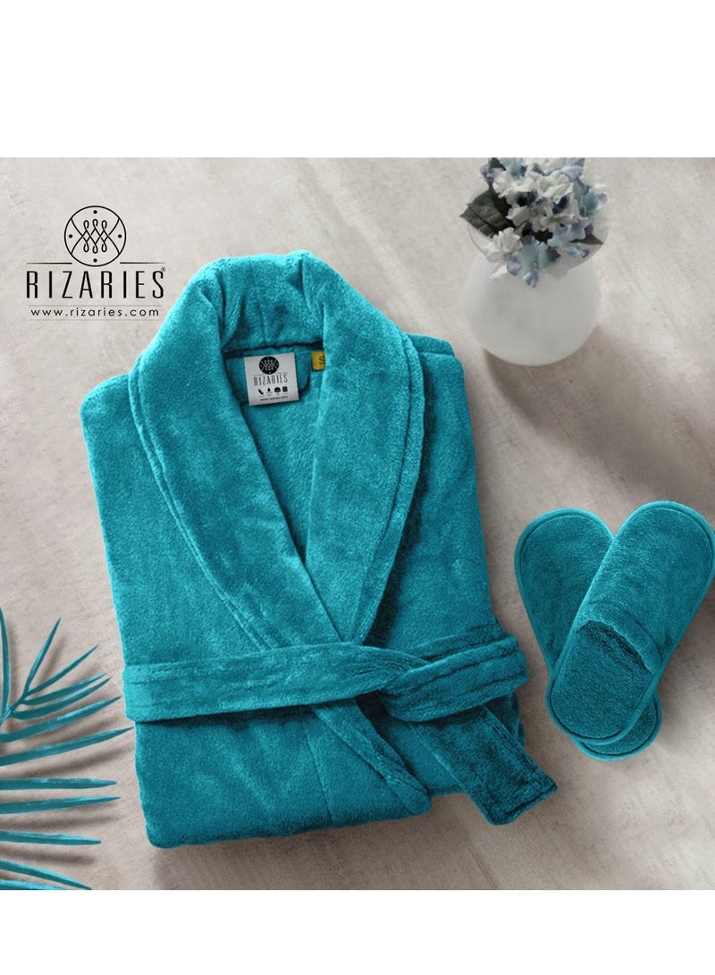 Couple Bathrobe Set Teal & Grey 2 Velour Bathrobe, 2 Velour Slippers - Unisex