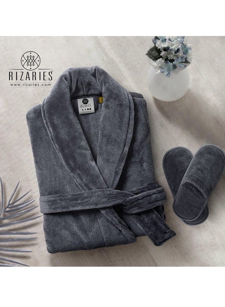 Couple Luxury Bathrobe Set Grey & White - 2 Velour Bathrobe, 2 Velour Slippers - Unisex