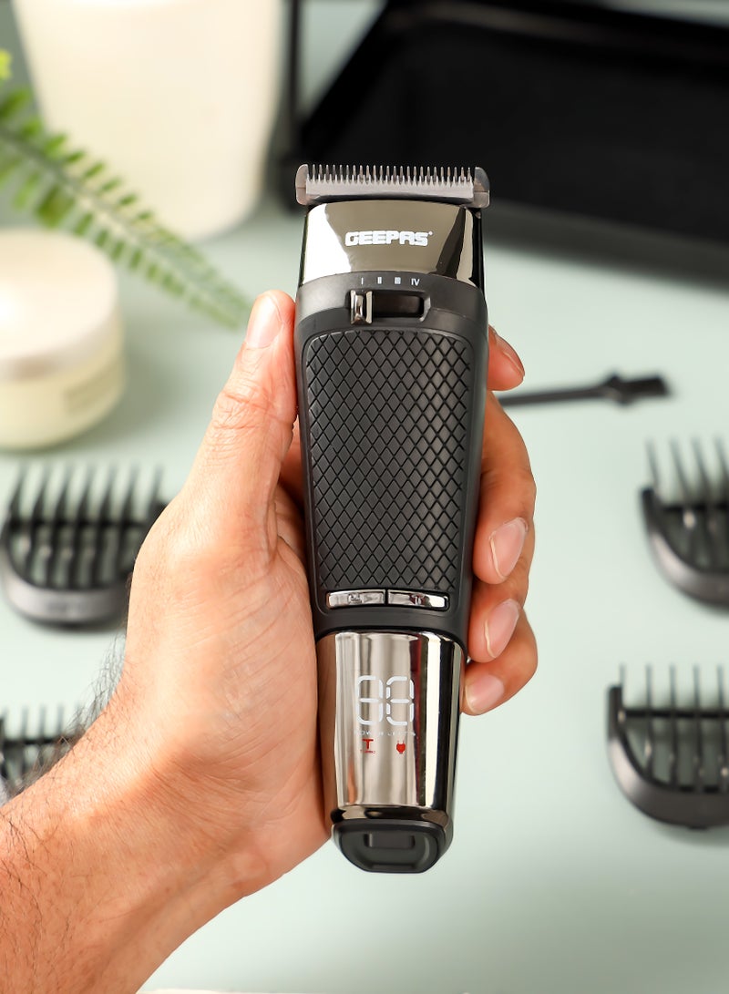 Geepas Digital Hair Clipper- GTR56032| Hair Clipper with High Capacity Battery| High Performance Blade with Titanium Coating for Efficient Operation, Does not Hurt Scalp| Digital Display