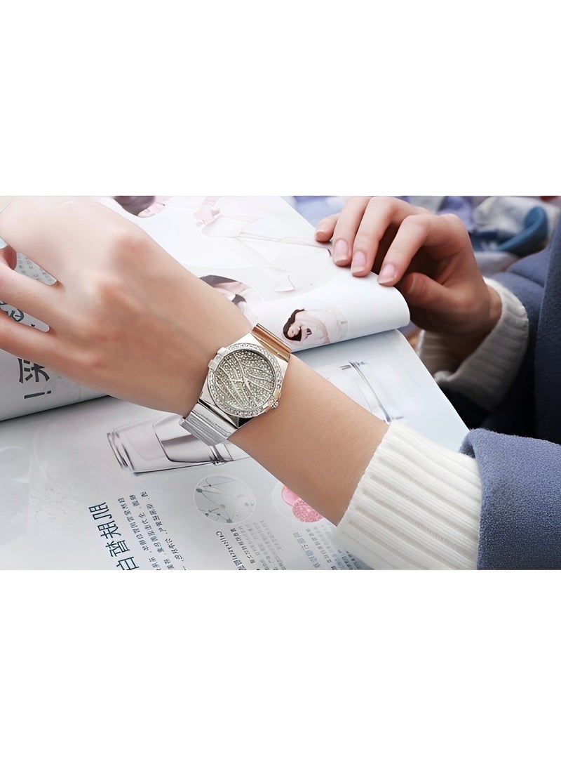 Women's Diamond Watch Iced Out Watch Bling Rhinestone Watch Luxury Crystal Quartz Wristwatch Classic Steel Band Round Dial Dress Watch