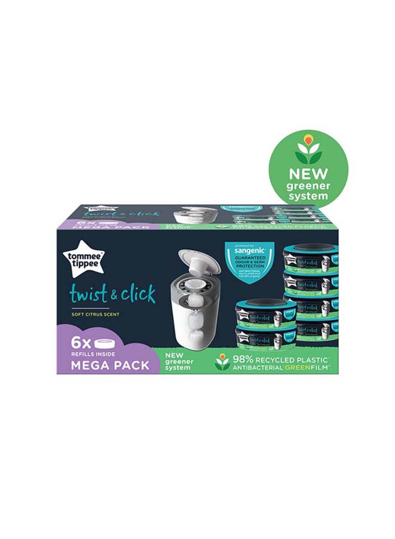 Twist And Click Advanced Nappy Bin Refill Cassettes, Sustainably Sourced Antibacterial Greenfilm, Pack Of 6 - Grey