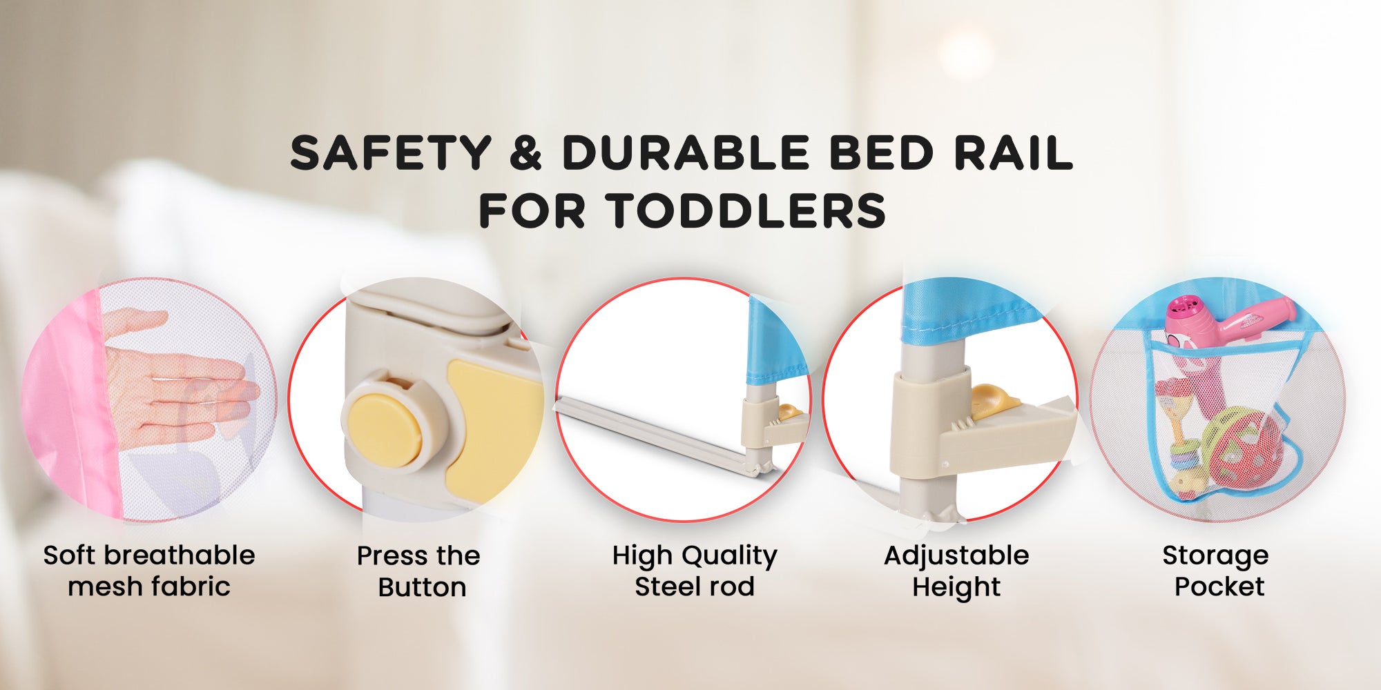 Baybee Bed Rail Guard Barrier for Baby Portable Safety Foldable Adjustable Height Falling Protector Fence Bedrail Single Side for Toddler 150 x 63cm Blue