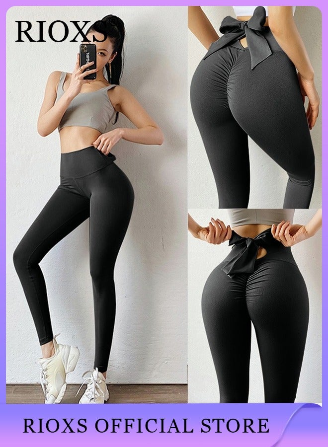Womens Yoga Pants with Bow Tie Knot Back High Waist Workout Sports Leggings Tummy Control Yoga Pants