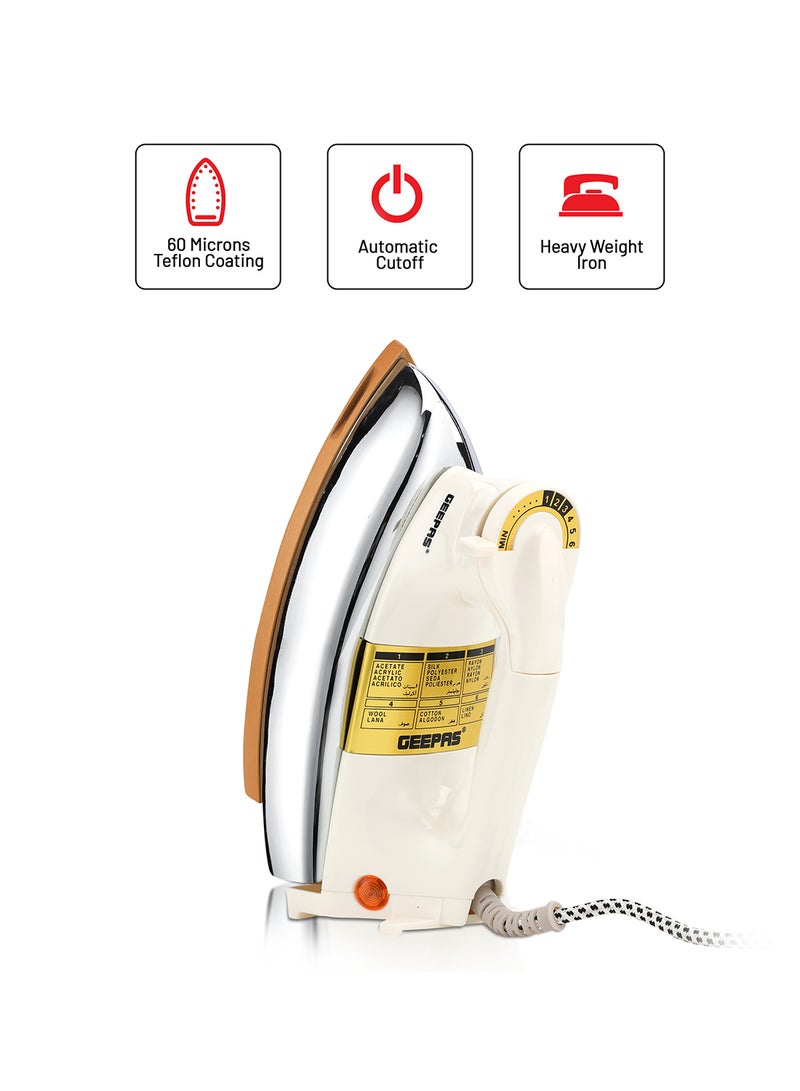 Heavy Weight Dry Iron with Overheat Protection | Golden Ceramic Soleplate | Cord Wrap Facility 2.15 kg 1200 W GDI23011 White/Silver/Gold 2.15 kg 1200 W GDI23011 White/Silver/Gold