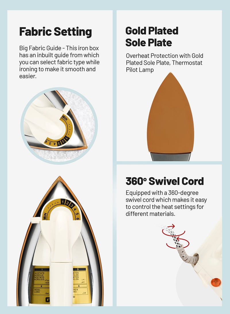 Heavy Weight Dry Iron with Overheat Protection | Golden Ceramic Soleplate | Cord Wrap Facility 2.15 kg 1200 W GDI23011 White/Silver/Gold 2.15 kg 1200 W GDI23011 White/Silver/Gold