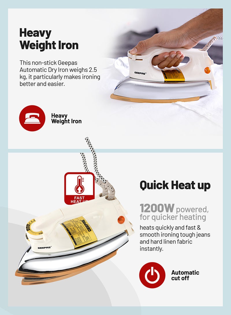 Heavy Weight Dry Iron with Overheat Protection | Golden Ceramic Soleplate | Cord Wrap Facility 2.15 kg 1200 W GDI23011 White/Silver/Gold 2.15 kg 1200 W GDI23011 White/Silver/Gold