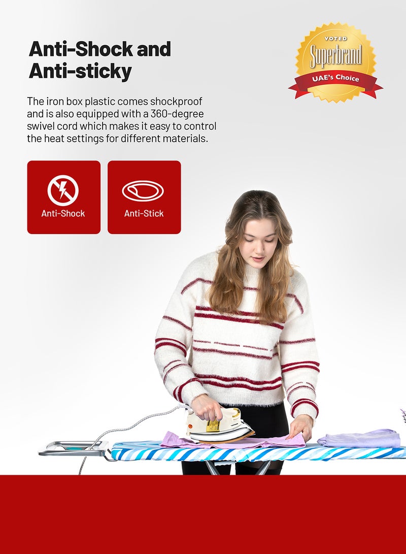 Heavy Weight Dry Iron with Overheat Protection | Golden Ceramic Soleplate | Cord Wrap Facility 2.15 kg 1200 W GDI23011 White/Silver/Gold 2.15 kg 1200 W GDI23011 White/Silver/Gold