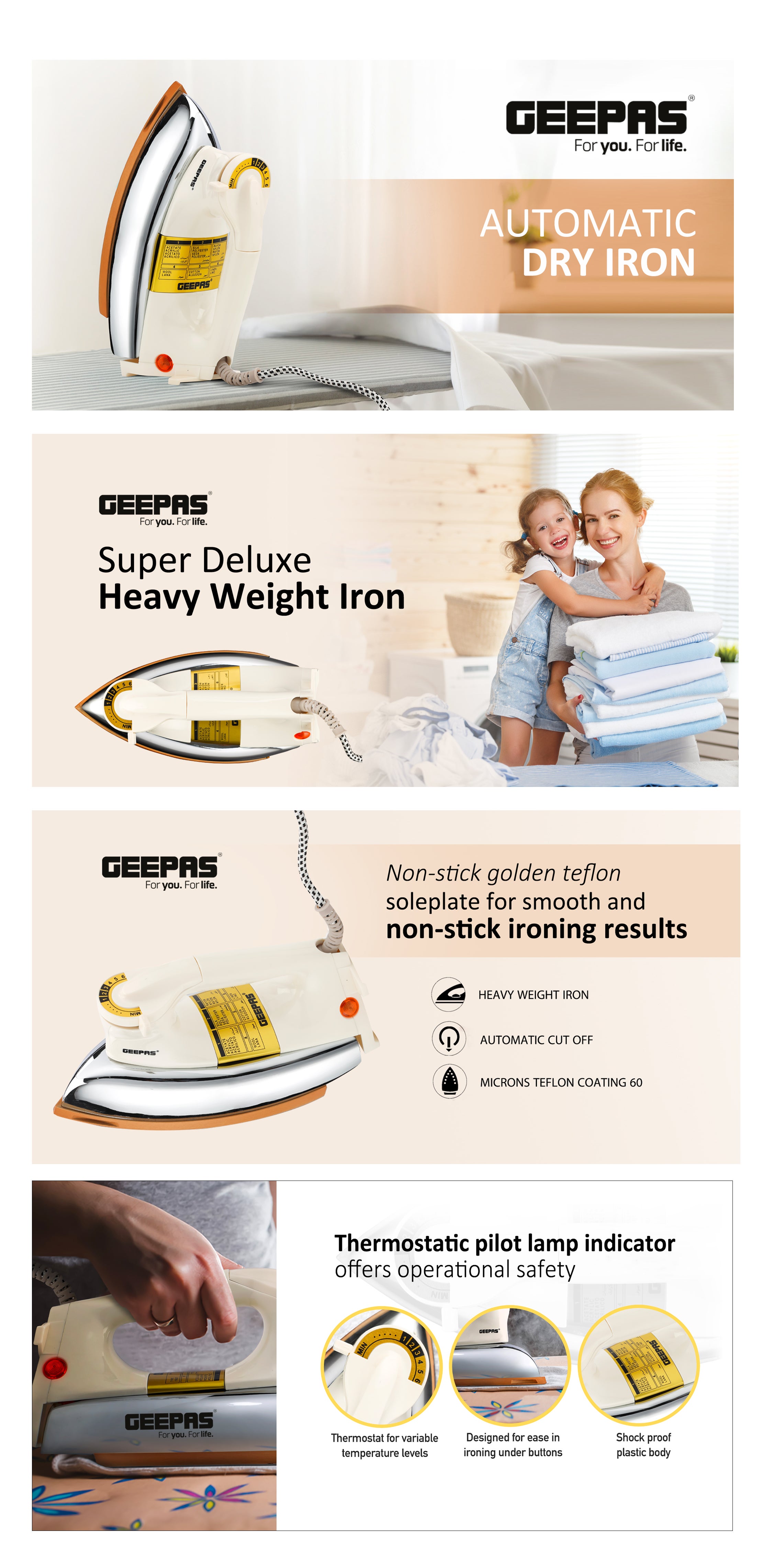 Heavy Weight Dry Iron with Overheat Protection | Golden Ceramic Soleplate | Cord Wrap Facility 2.15 kg 1200 W GDI23011 White/Silver/Gold 2.15 kg 1200 W GDI23011 White/Silver/Gold