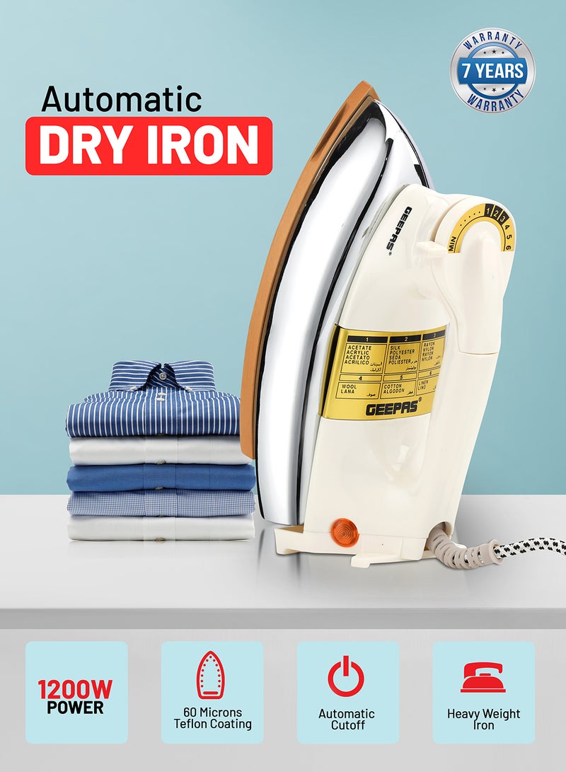 Heavy Weight Dry Iron with Overheat Protection | Golden Ceramic Soleplate | Cord Wrap Facility 2.15 kg 1200 W GDI23011 White/Silver/Gold 2.15 kg 1200 W GDI23011 White/Silver/Gold