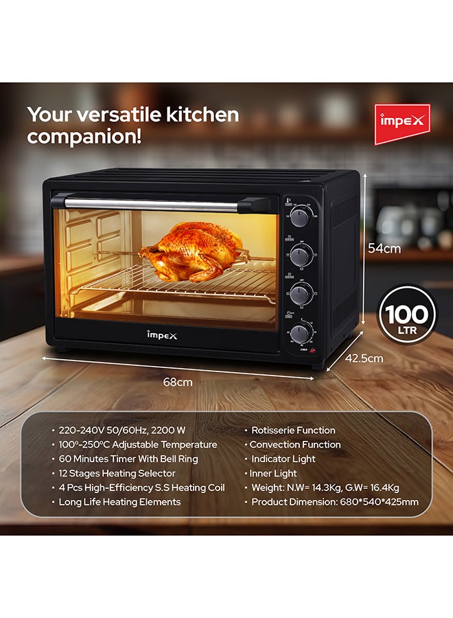 Electric Oven 100 Ltr | 2200W | Adjustable Temperature 100-250°C | 60-Min Timer with Bell | 12 Stage Heating Selector | Rotisserie & Convection Functions | Inner Light & Indication Light 100 L 2200 W OV 2904 Black/Silver