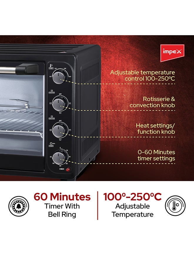 Electric Oven 100 Ltr | 2200W | Adjustable Temperature 100-250°C | 60-Min Timer with Bell | 12 Stage Heating Selector | Rotisserie & Convection Functions | Inner Light & Indication Light 100 L 2200 W OV 2904 Black/Silver