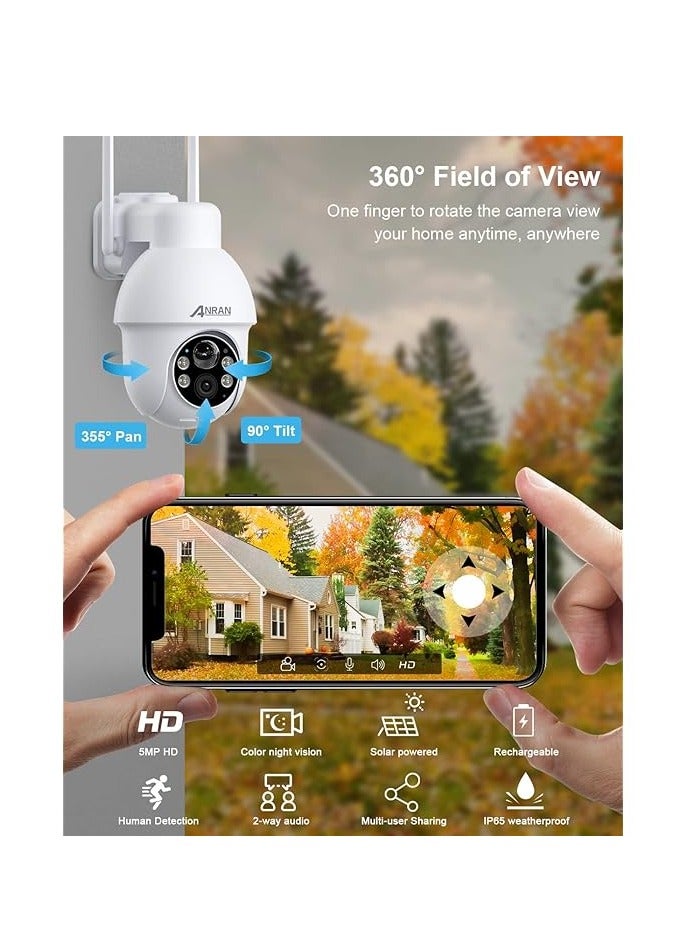 ANRAN 2K Wireless 5MP Solar Outdoor Wi-Fi Camera with PTZ View, Color Night Vision, AI Human Detection, Two way Talk, 9600 mAh Battery