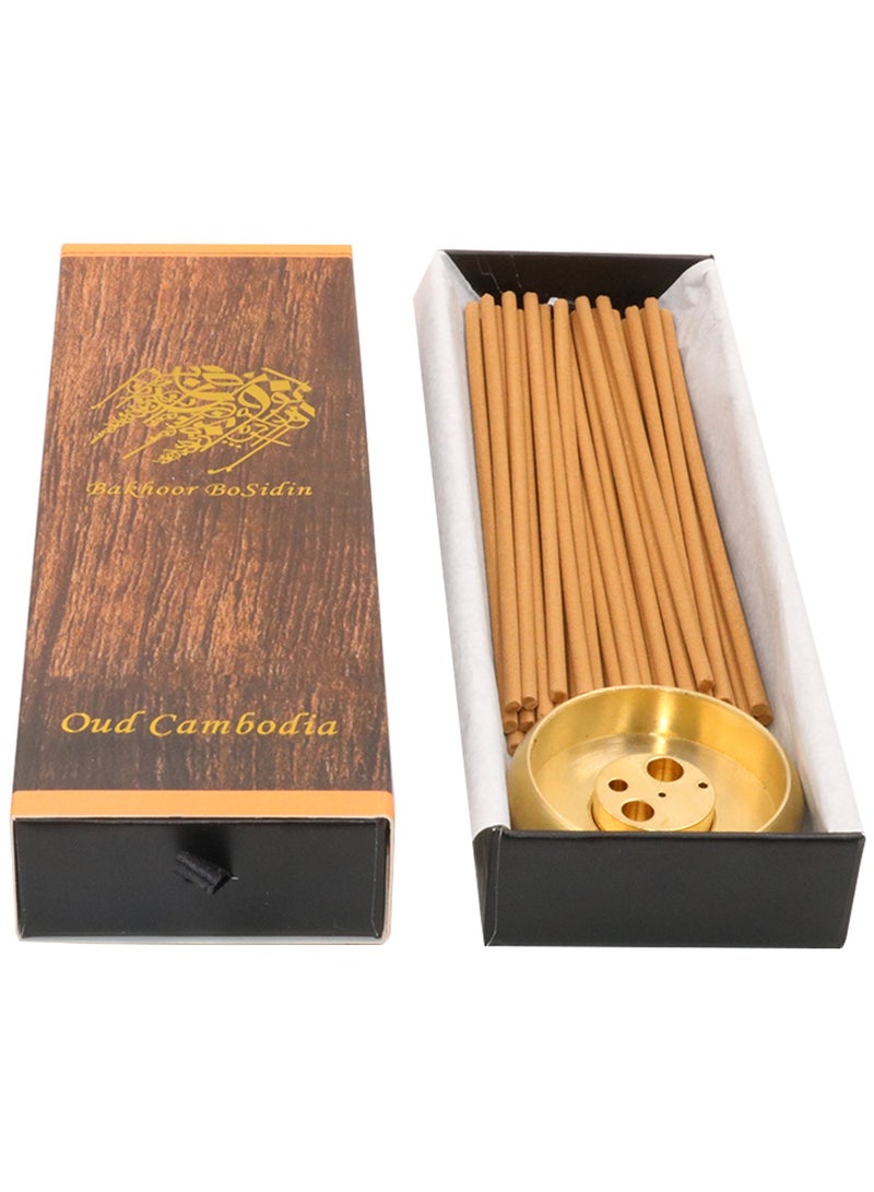 Bakhoor BoSidin – Oud Wood Bakhoor Incense Sticks Cambodi Fragrance 50pcs 3mm with Brass Incense Burner – A79-1