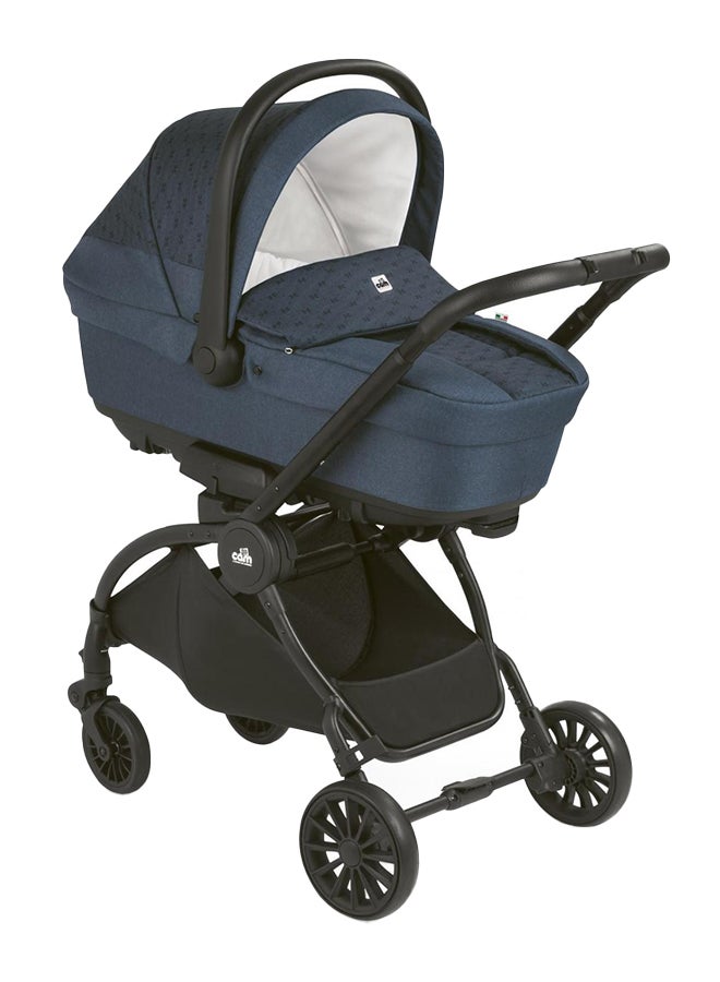 Vogue Baby Travel System - Blue, From 0 To 4 Years Old, Spacious Carrycot, Mattress, Hood With Extendable Sun Visor, Rocking Function, Compact Folding Pushchair, Made In Italy, Safety Harness