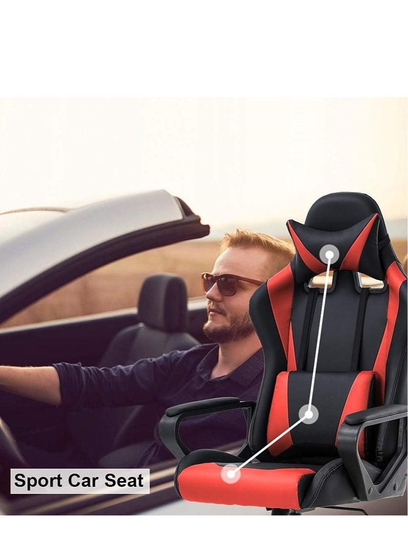 Adjustable Racing Gaming Chair, Ergonomic Design Lumbar High Back PU Leather with Comfortable Armrest and Headrest, Red/Black