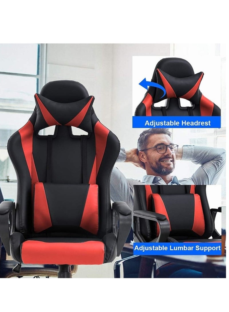 Adjustable Racing Gaming Chair, Ergonomic Design Lumbar High Back PU Leather with Comfortable Armrest and Headrest, Red/Black