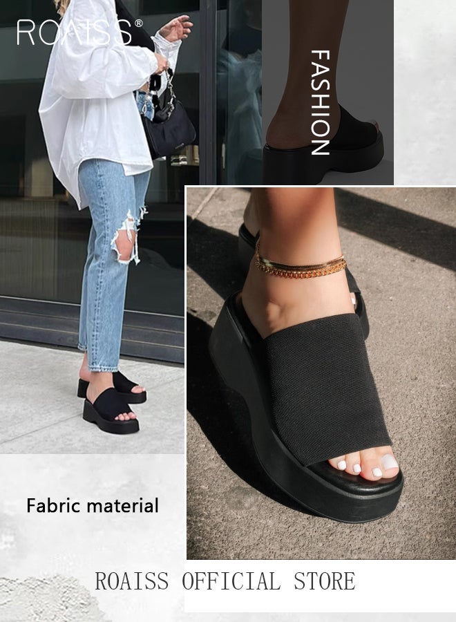 Casual Slip On Chunky Sandals for Women Round Toe Platform Slippers One Band Soft Knit Outer Sandal Height Increasing Shoes