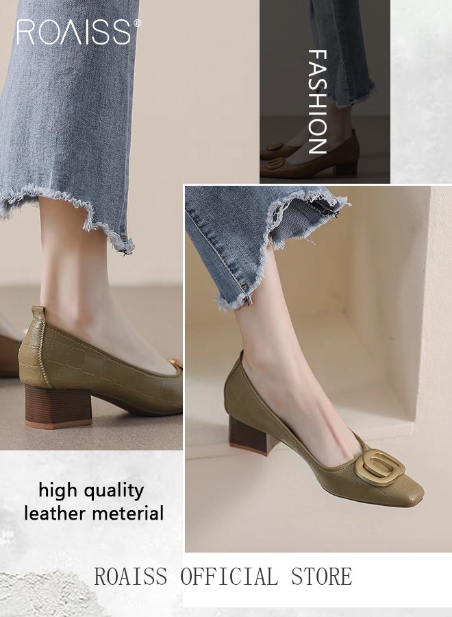 Slip On Genuine Leather Single Shoes for Women Temperament Square Toe Chunky Heel Low Cut Shoes with Metal Buckle Decoaration Lightweight and Versatile