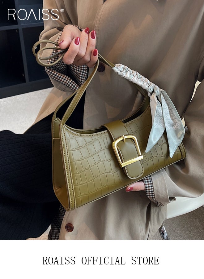 Crocodile Embossed Shoulder Baguette Bag with Twilly Scarf Decor for Women Versatile Leather Handbags Ladies Underarm Bags