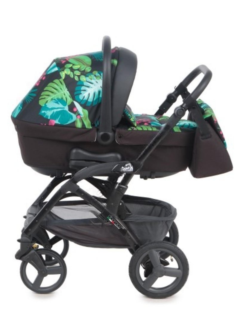 Mod. Smart And Telaio Dinamico Up - Black Leaves - From 0 To 4 Years Old (22 Kg.),  Spacious And Deeper Carrycot, Rocking Function, Aluminium Frame, Portable And Compact Folding, Made In Italy