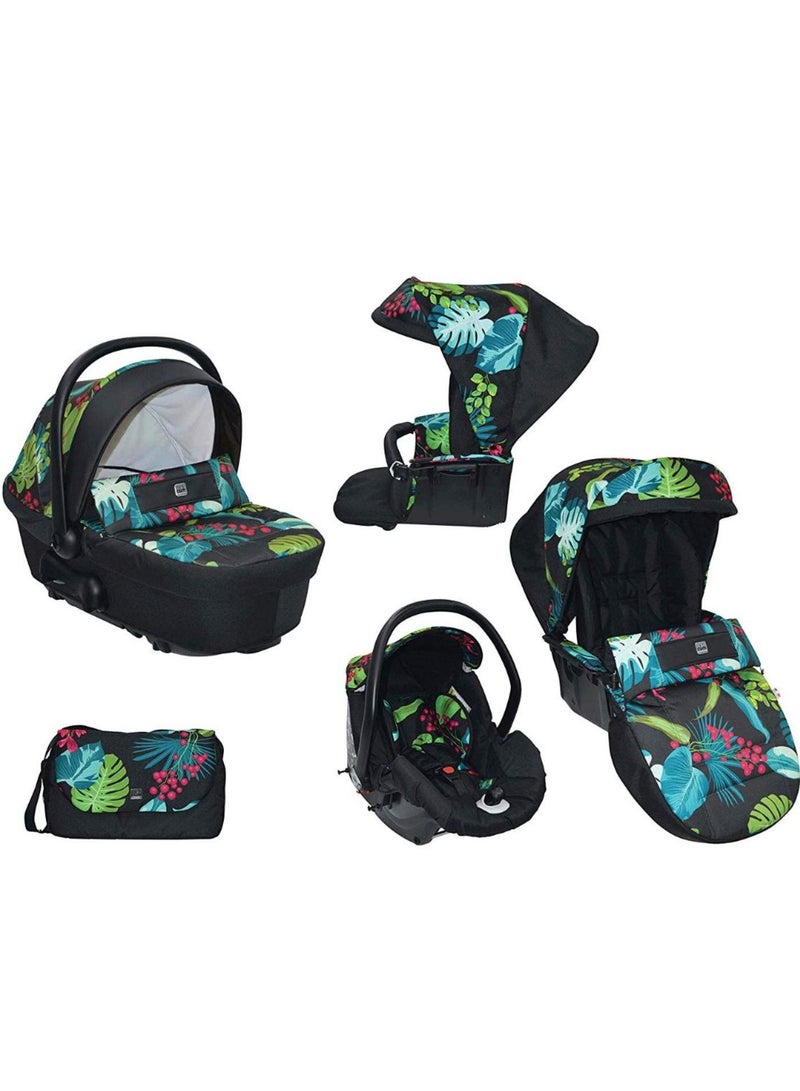 Mod. Smart And Telaio Dinamico Up - Black Leaves - From 0 To 4 Years Old (22 Kg.),  Spacious And Deeper Carrycot, Rocking Function, Aluminium Frame, Portable And Compact Folding, Made In Italy