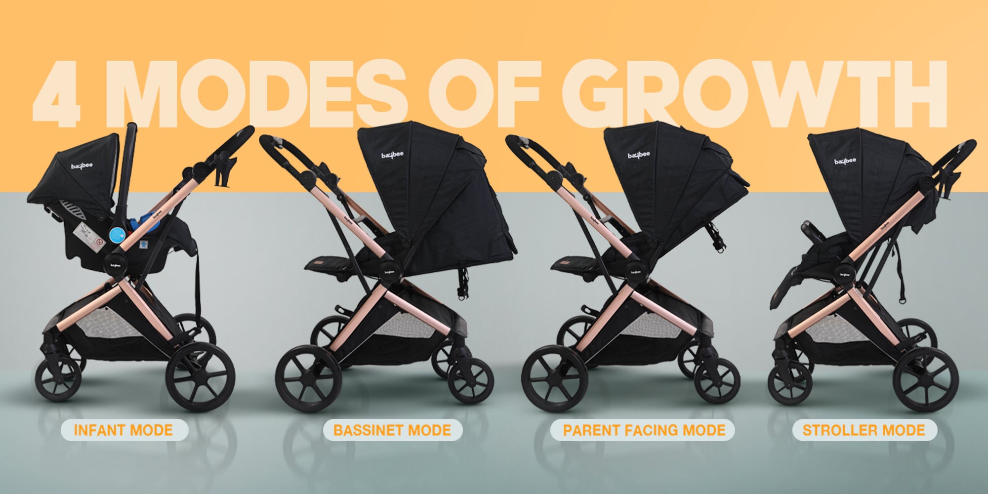 3 In 1 Convertible Baby Pram Stroller With Car Seat Combo Aluminium Frame 3 Position Adjustable Canopy Reversible Seat Travel System Stroller For Baby Toddlers 0-3 Years Boys Girls Rose Gold