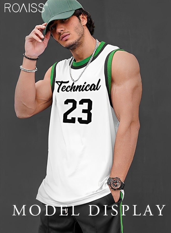 Men's Sports Mesh Contrast Tank Top Comfortable And Breathable Round Neck Sleeveless Basketball Top Loose Fitting Quick Drying Printed Vest