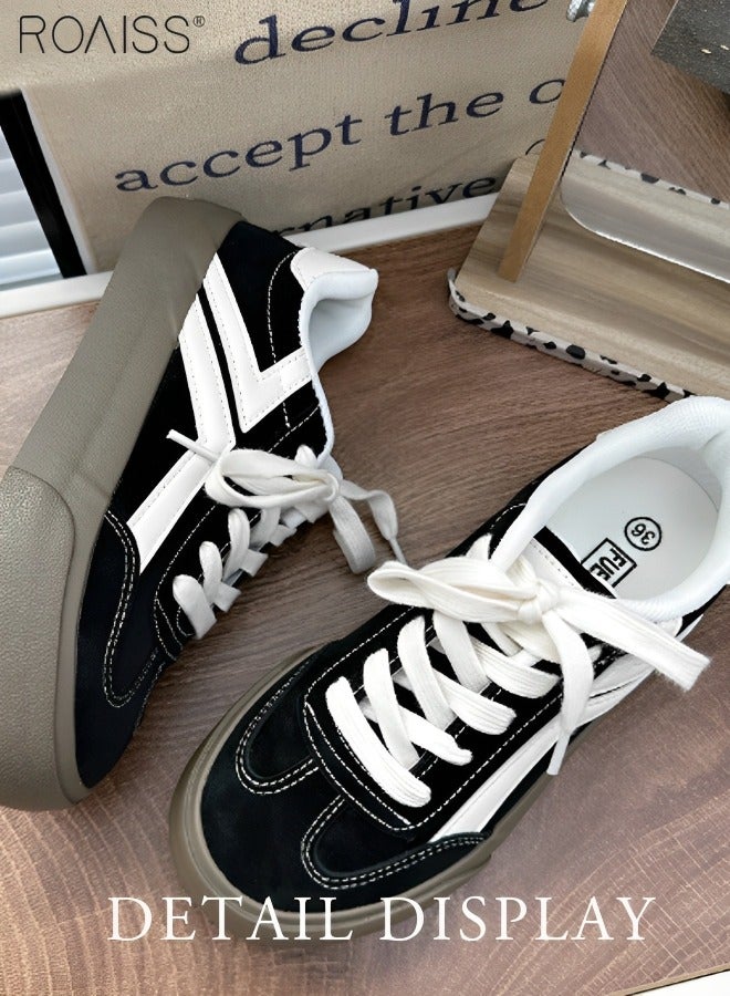 Women's Matte Pu Leather Patchwork Casual Shoes Lace Up Design Anti Slip Thick Sole Flat Sole Sneakers Fashion Versatile Canvas Shoes