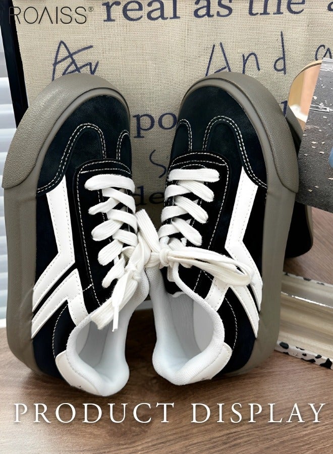 Women's Matte Pu Leather Patchwork Casual Shoes Lace Up Design Anti Slip Thick Sole Flat Sole Sneakers Fashion Versatile Canvas Shoes