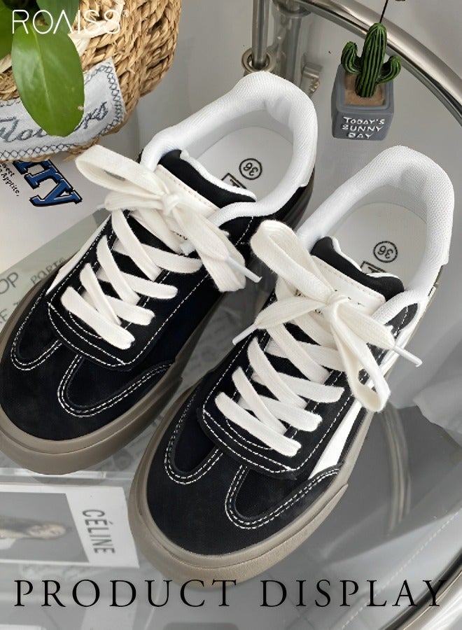 Women's Matte Pu Leather Patchwork Casual Shoes Lace Up Design Anti Slip Thick Sole Flat Sole Sneakers Fashion Versatile Canvas Shoes