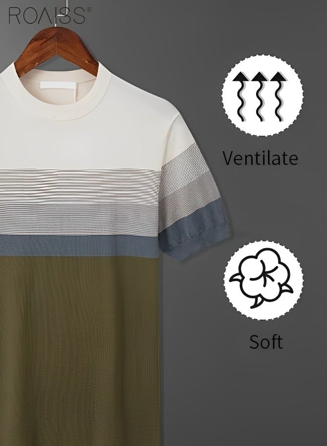 Men's Casual Contrast Striped Knitted T-Shirt Lightweight And Breathable Gradient Fashion Versatile Short Sleeved Round Neck Top