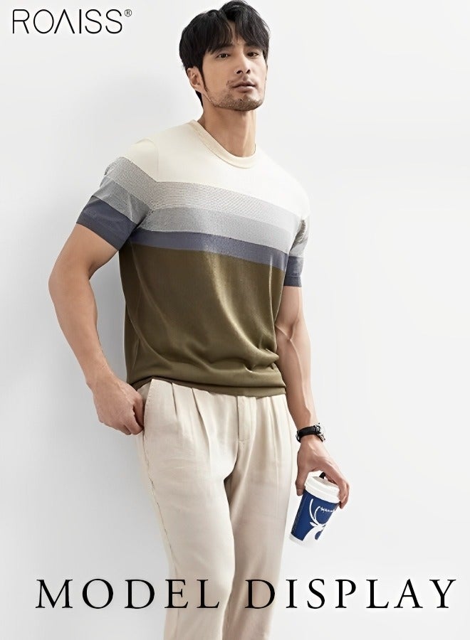 Men's Casual Contrast Striped Knitted T-Shirt Lightweight And Breathable Gradient Fashion Versatile Short Sleeved Round Neck Top