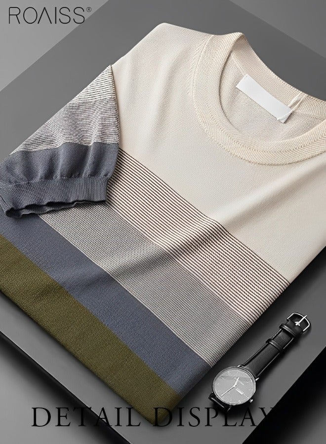 Men's Casual Contrast Striped Knitted T-Shirt Lightweight And Breathable Gradient Fashion Versatile Short Sleeved Round Neck Top