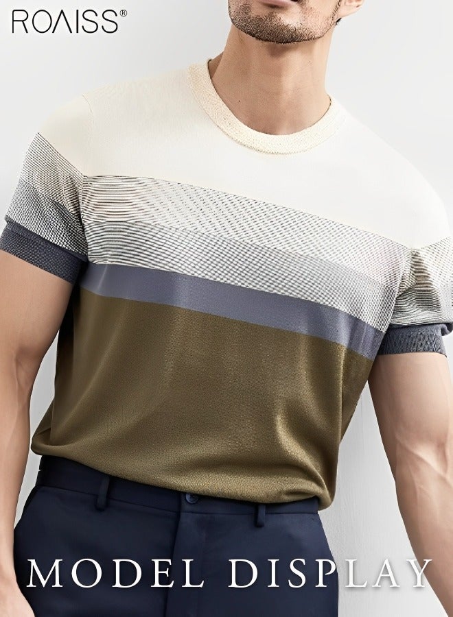 Men's Casual Contrast Striped Knitted T-Shirt Lightweight And Breathable Gradient Fashion Versatile Short Sleeved Round Neck Top