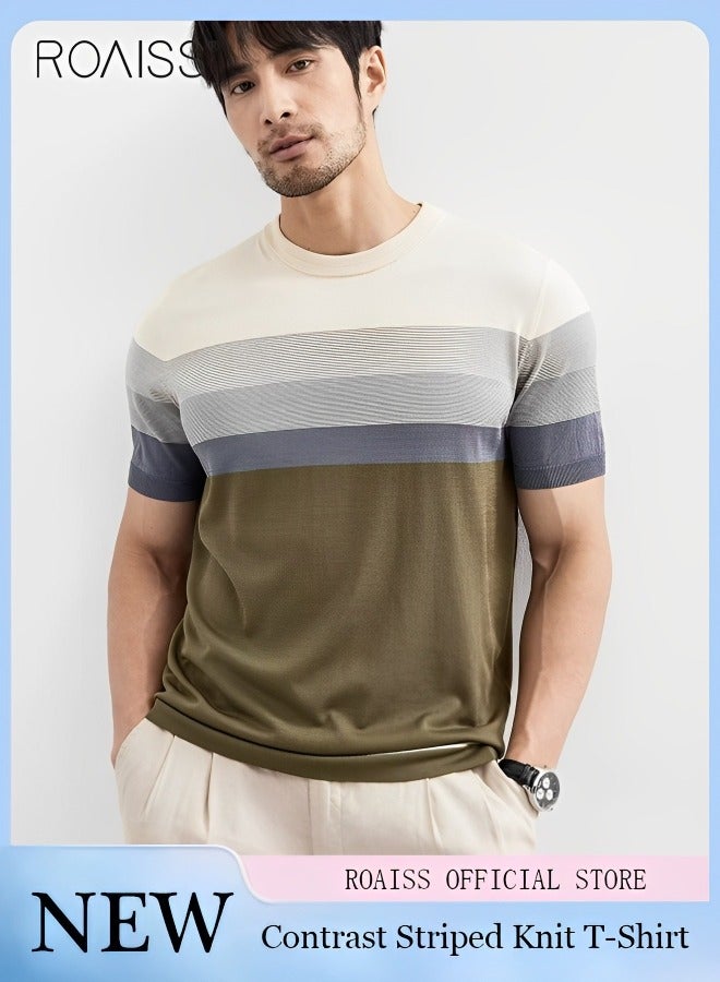 Men's Casual Contrast Striped Knitted T-Shirt Lightweight And Breathable Gradient Fashion Versatile Short Sleeved Round Neck Top