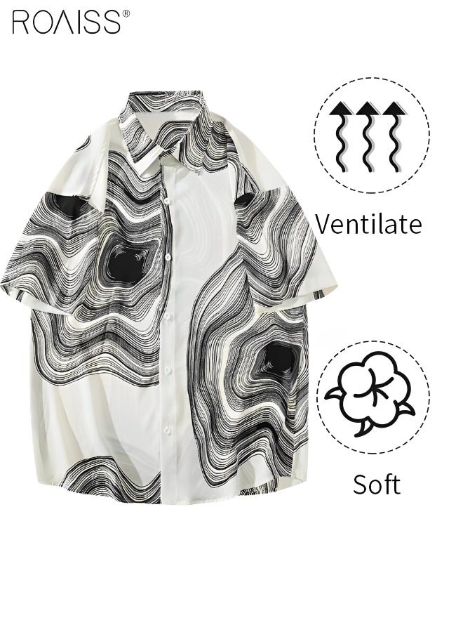 Men's Casual Loose Fitting Printed Shirt Fashion Versatile Short Sleeve Button Open Close Top Classic Lapel Beach Vacation Cardigan