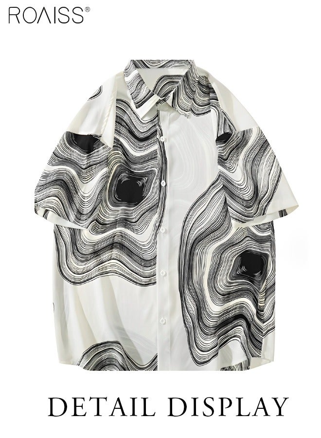 Men's Casual Loose Fitting Printed Shirt Fashion Versatile Short Sleeve Button Open Close Top Classic Lapel Beach Vacation Cardigan