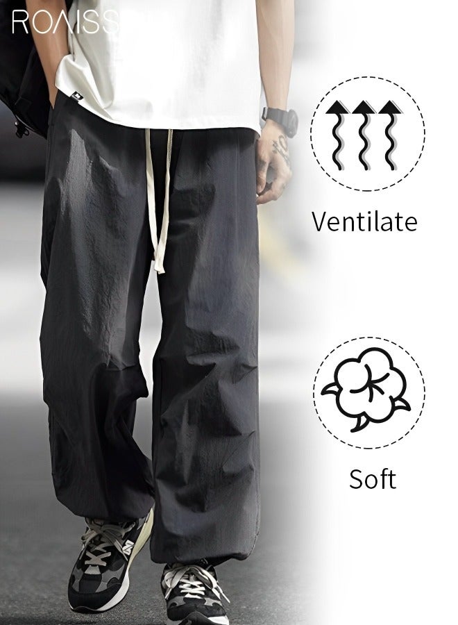 Men's Casual Loose Fitting Ice Silk Quick Drying Sports Pants Ankle Tightening Design Elastic Waist Workwear Pants Everyday Versatile Loose Casual Pants