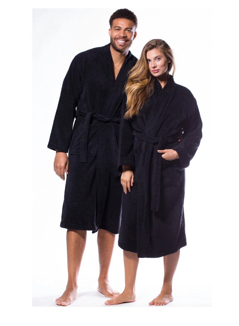 Shawl Bathrobe for Adults, 100% Cotton Black, Soft & Absorbent Spa & Hotel Quality Robe (L/XL)