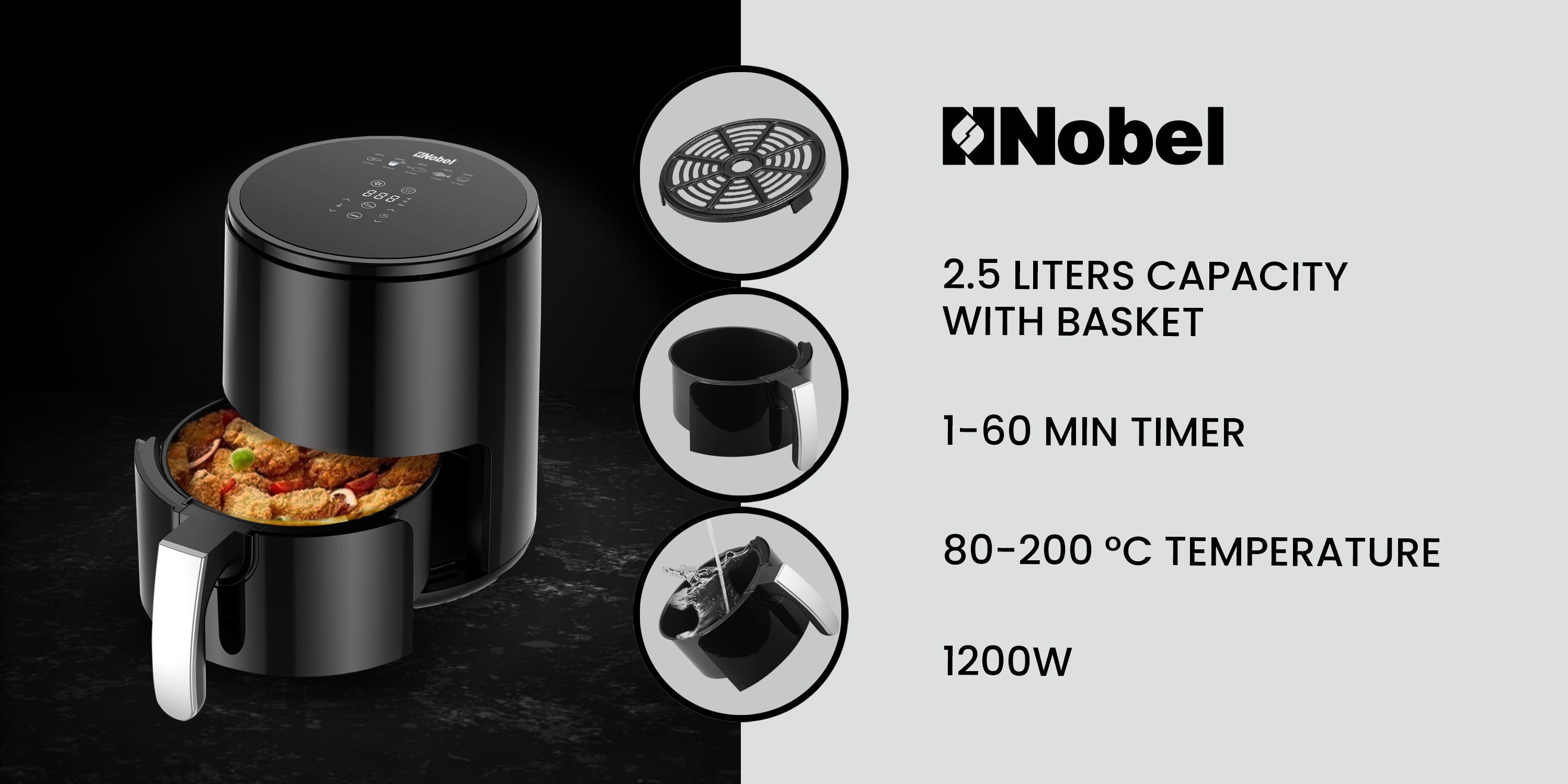 Multifunctional Air Fryer With 6 Preset Programs, Overheat Prevention, Digital Touch With 1-60 Min Timer 2.5 L 1200 W NAF350 Black