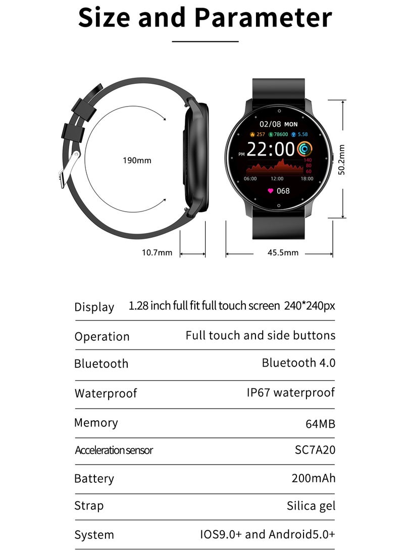 Smart Watch 1.28 inch Full Touch Screen Sport Tracker Watch Waterproof Bluetooth Silicone Strap Black for Men Women