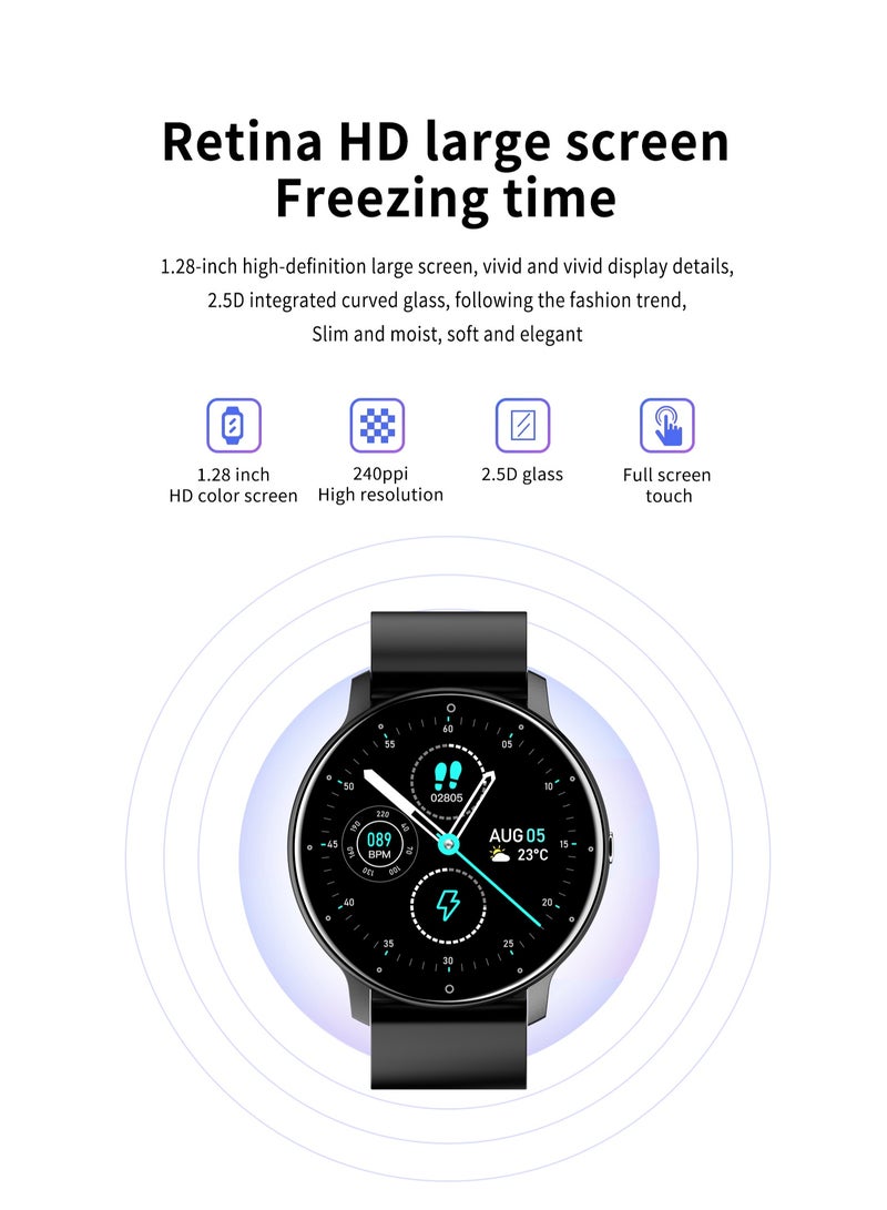 Smart Watch 1.28 inch Full Touch Screen Sport Tracker Watch Waterproof Bluetooth Silicone Strap Black for Men Women
