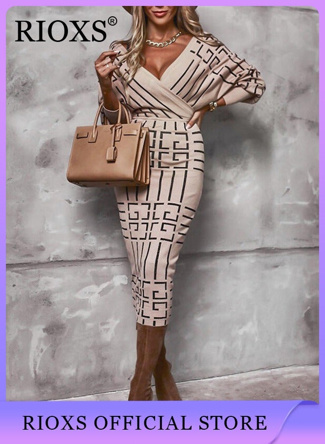 Women's Elegant High Waist Dress, V-neck Knitted Jumper Dress with Knee Length, Warm Slim Fit Pullover Dress, Stylish Exquisite Evening Prom Dress, Perfect for Both Casual and Formal Occasions