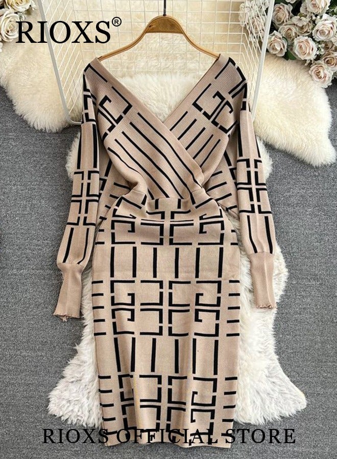 Women's Elegant High Waist Dress, V-neck Knitted Jumper Dress with Knee Length, Warm Slim Fit Pullover Dress, Stylish Exquisite Evening Prom Dress, Perfect for Both Casual and Formal Occasions