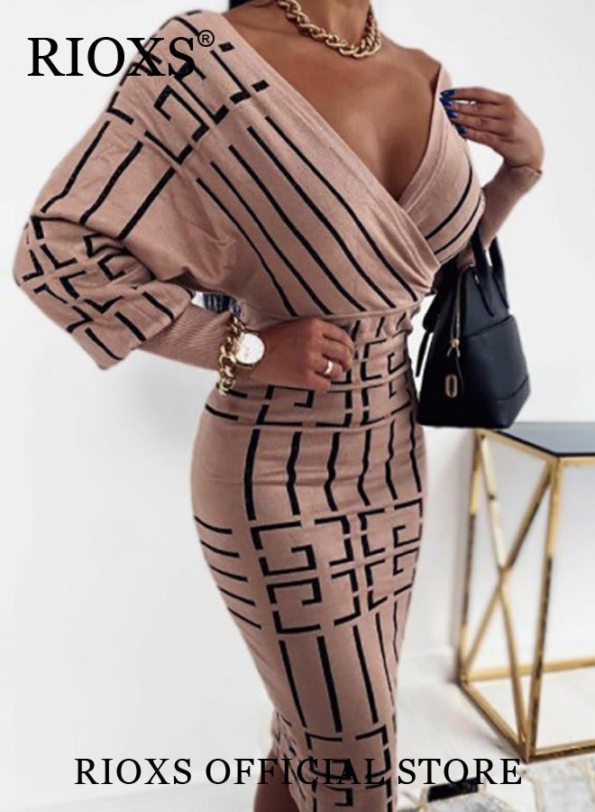 Women's Elegant High Waist Dress, V-neck Knitted Jumper Dress with Knee Length, Warm Slim Fit Pullover Dress, Stylish Exquisite Evening Prom Dress, Perfect for Both Casual and Formal Occasions