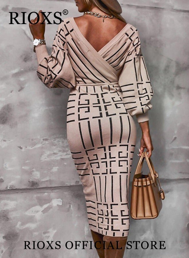 Women's Elegant High Waist Dress, V-neck Knitted Jumper Dress with Knee Length, Warm Slim Fit Pullover Dress, Stylish Exquisite Evening Prom Dress, Perfect for Both Casual and Formal Occasions