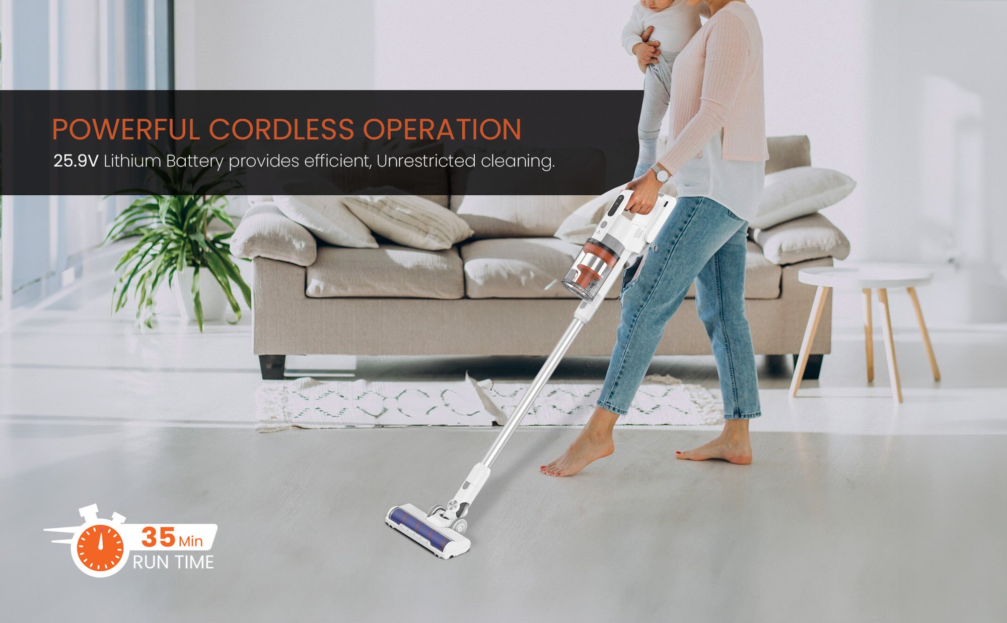 2 In 1 Rechargeable Stick Cordless Vacuum Cleaner With 1.20L Max Dust Capacity And 25.9V Lithium Battery, Standard 35Min, Max 12Min Speed, Wireless Operation With HEPA Filter 1.2 L 380 W NVC625 White