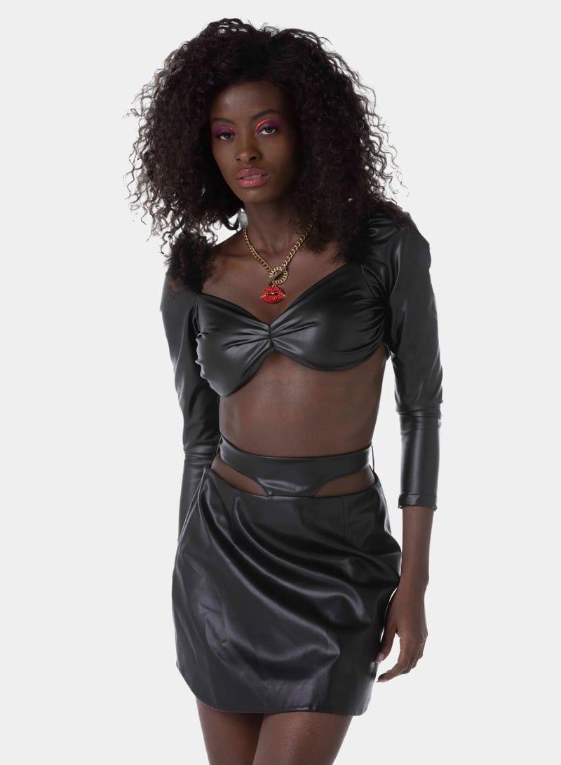 Black Short Leather Skirt With Buckle Strap