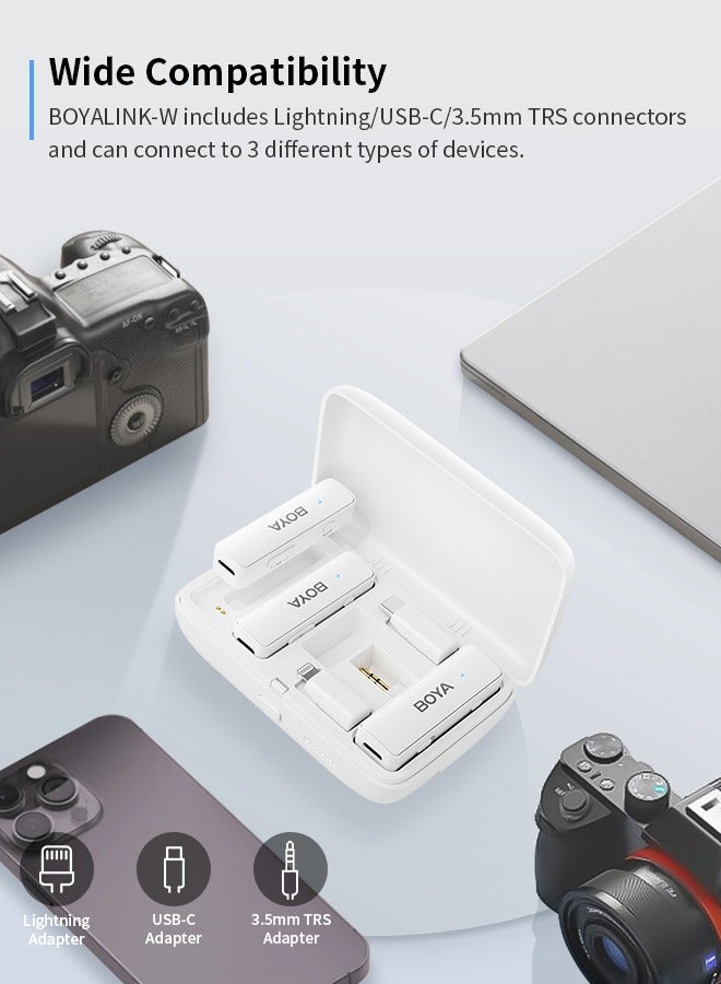 BOYALINK White Wireless clip on Microphone for Wedding Vlog Interview, Portable Charging Case Switchable Adapters for iPhone Android Camera,Noise Reduction Quick Mute